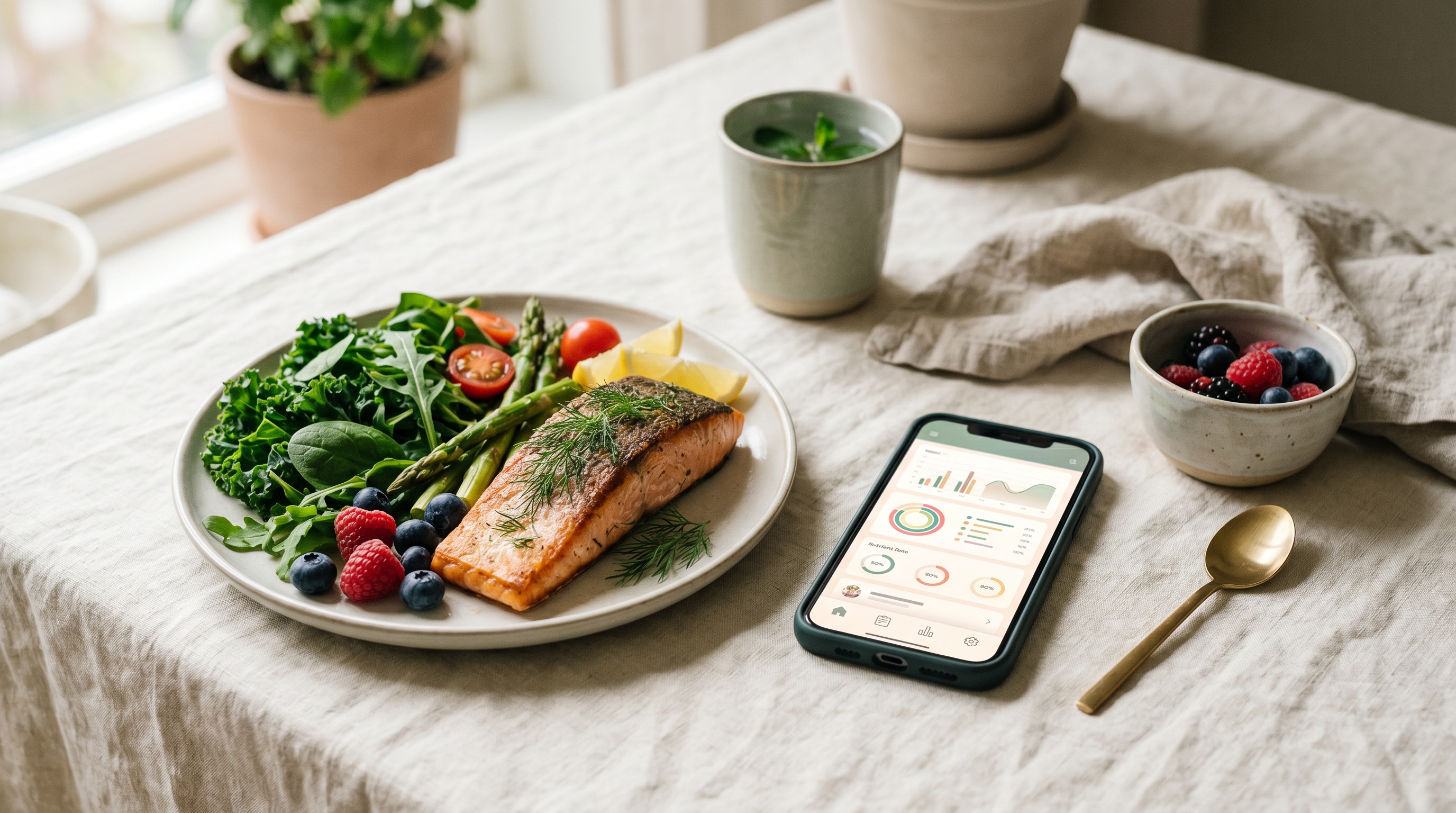 A phone food-tracking app beside a healthy meal