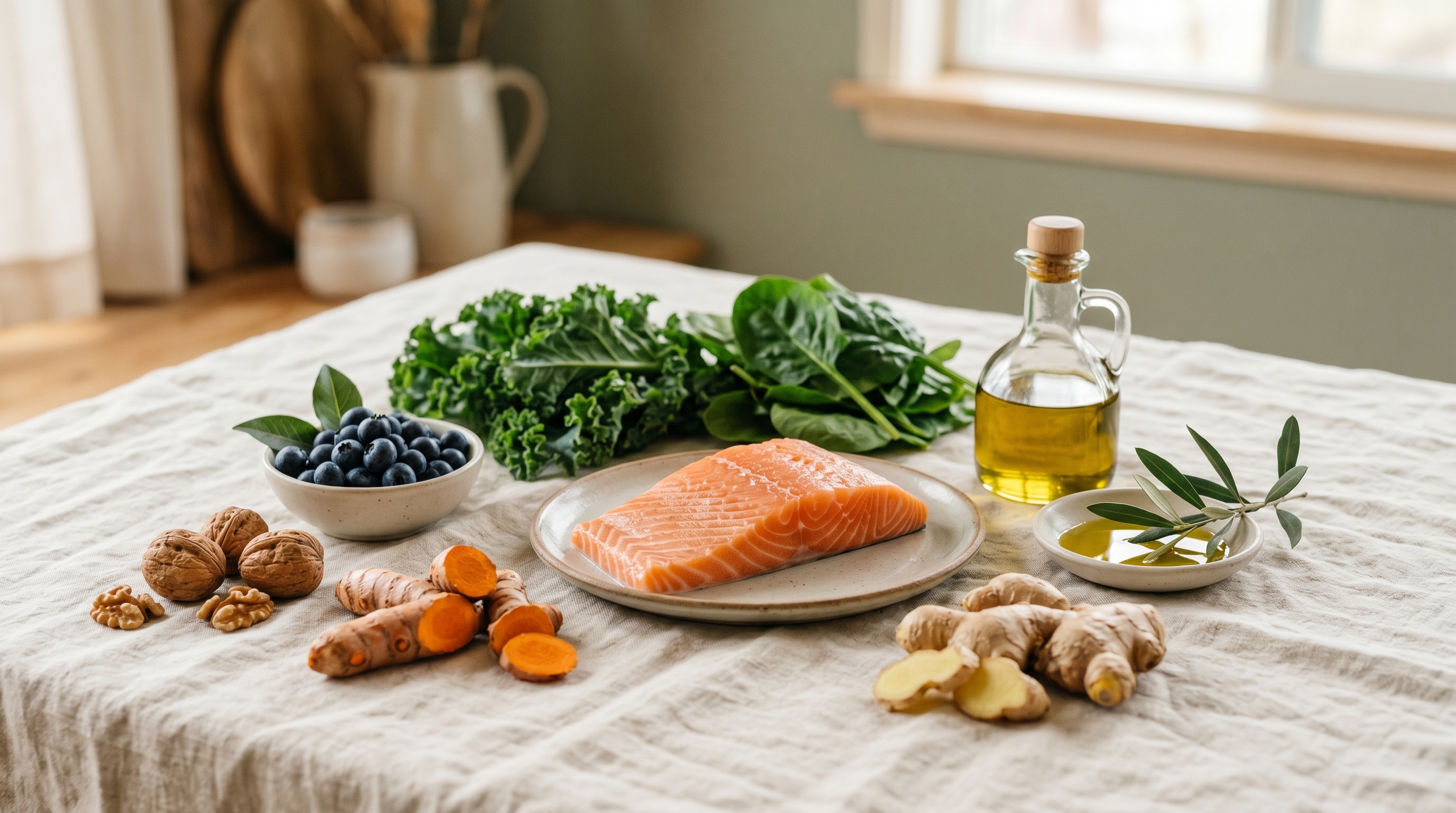 Anti-inflammatory foods on cream linen