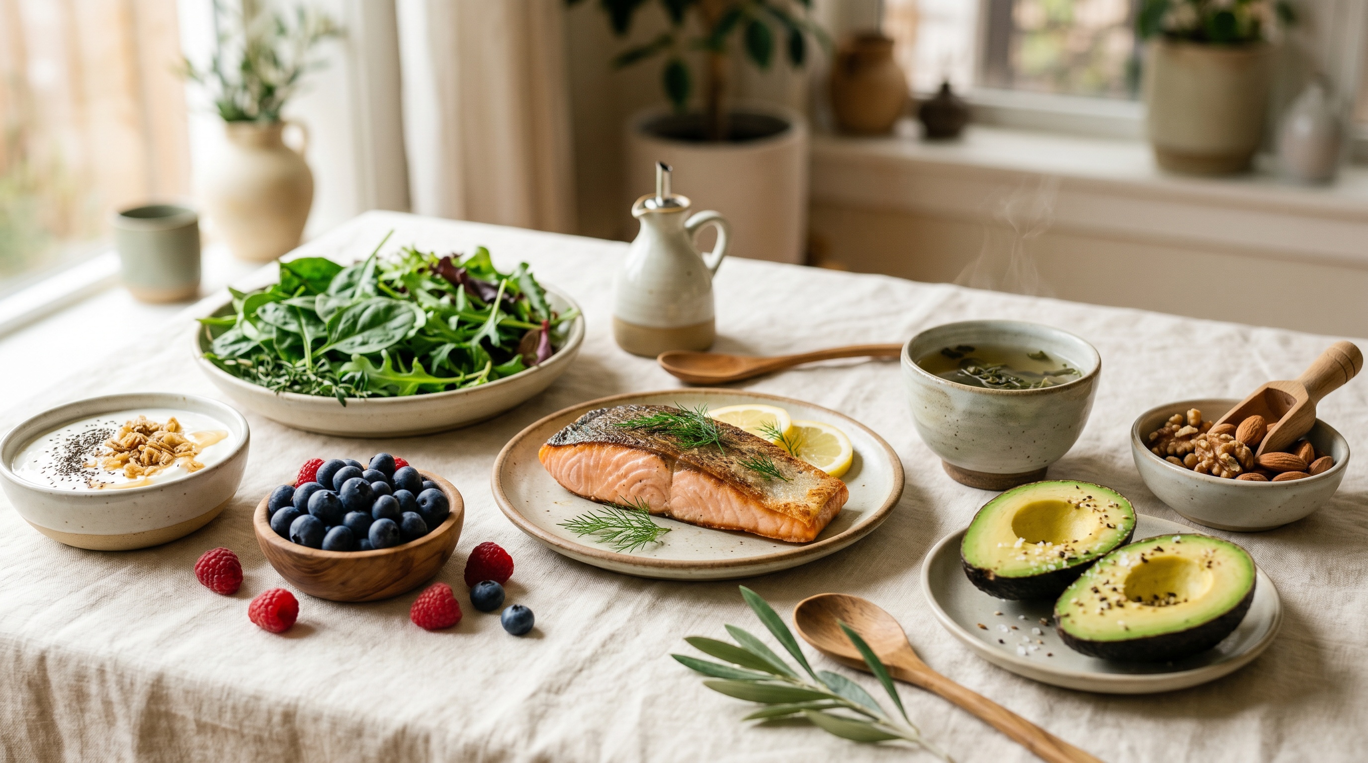 A spread of clear-skin foods on cream linen