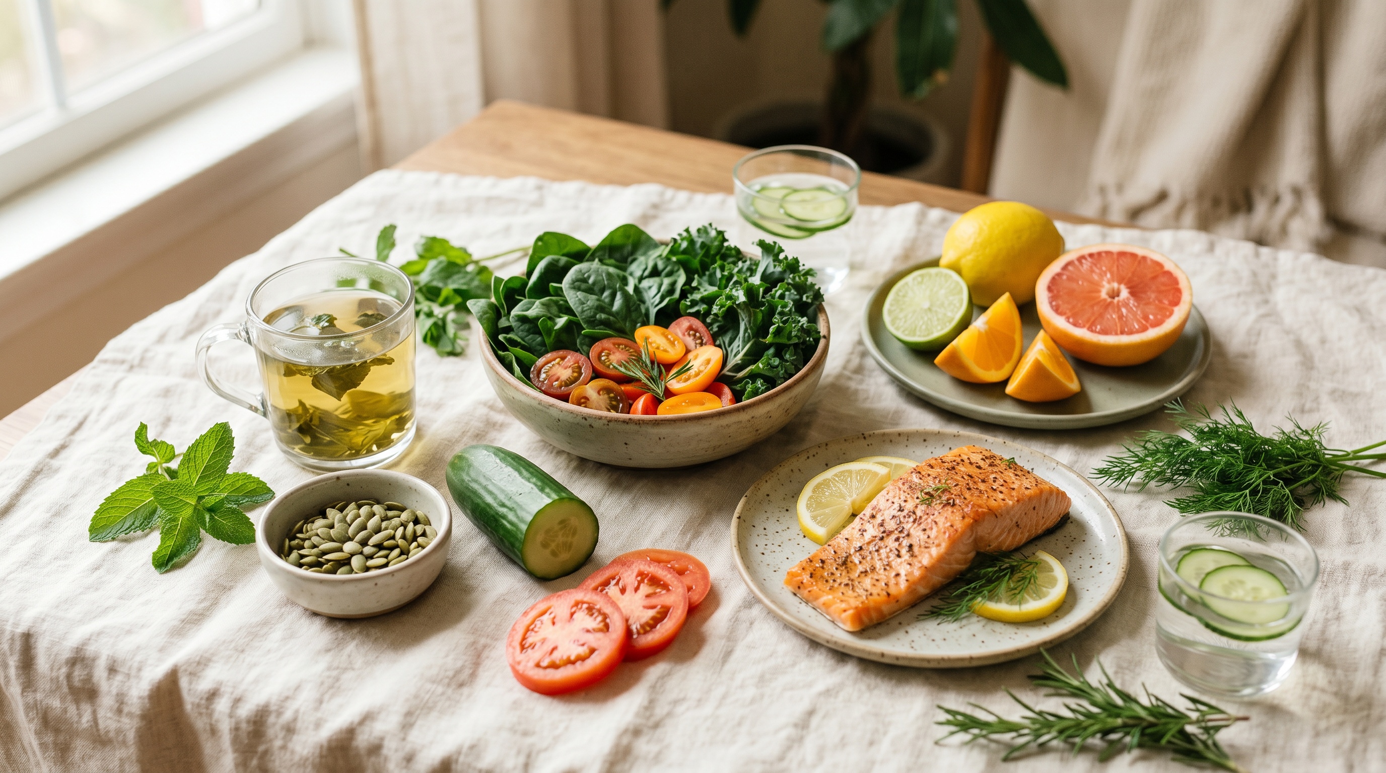 Foods for oily skin on cream linen
