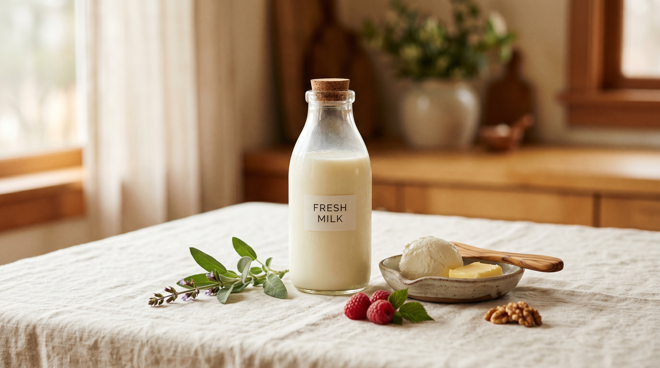 Glass of milk next to fresh strawberries on a cream linen surface
