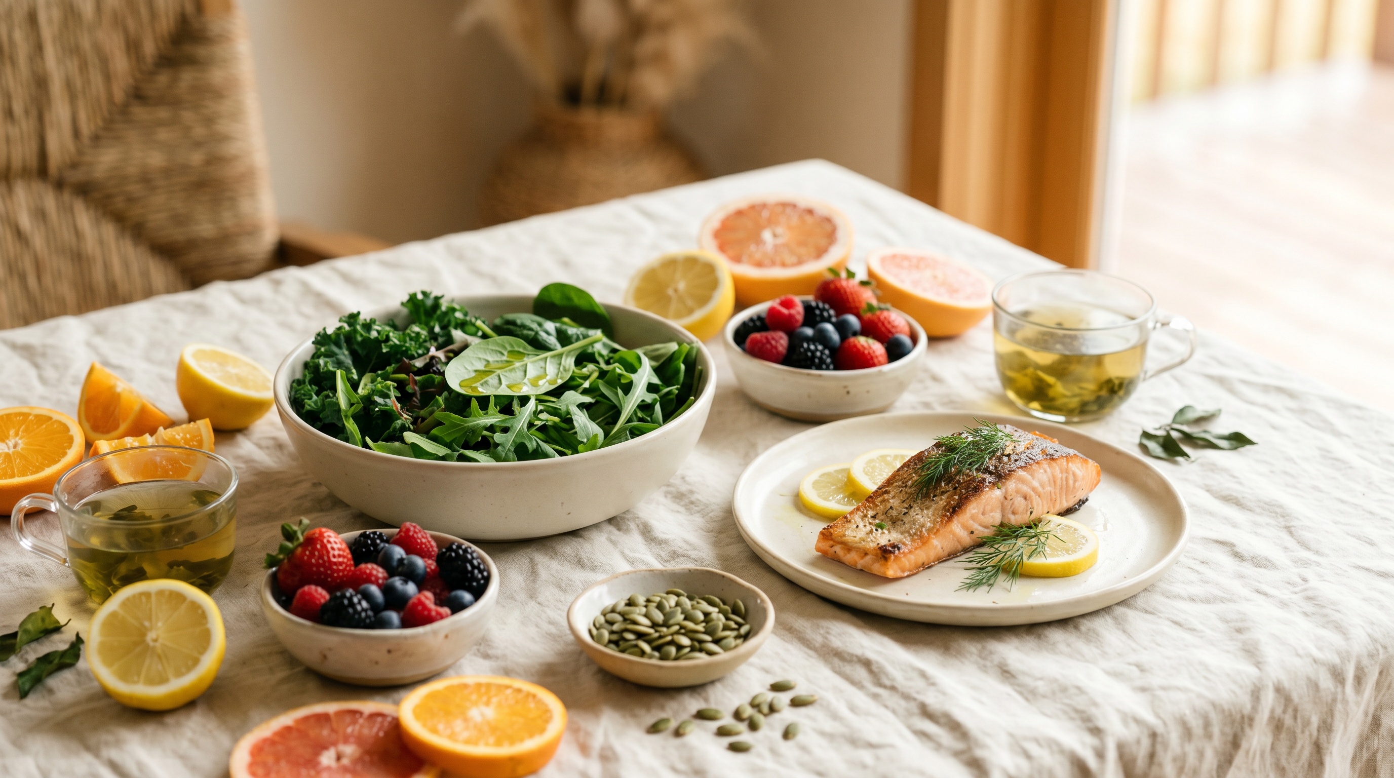 Foods for glowing clear skin on cream linen