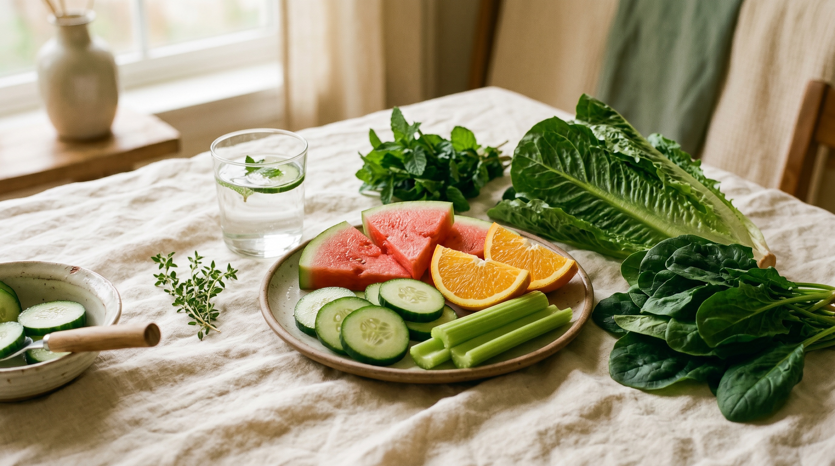 Hydrating foods for glowing skin on cream linen