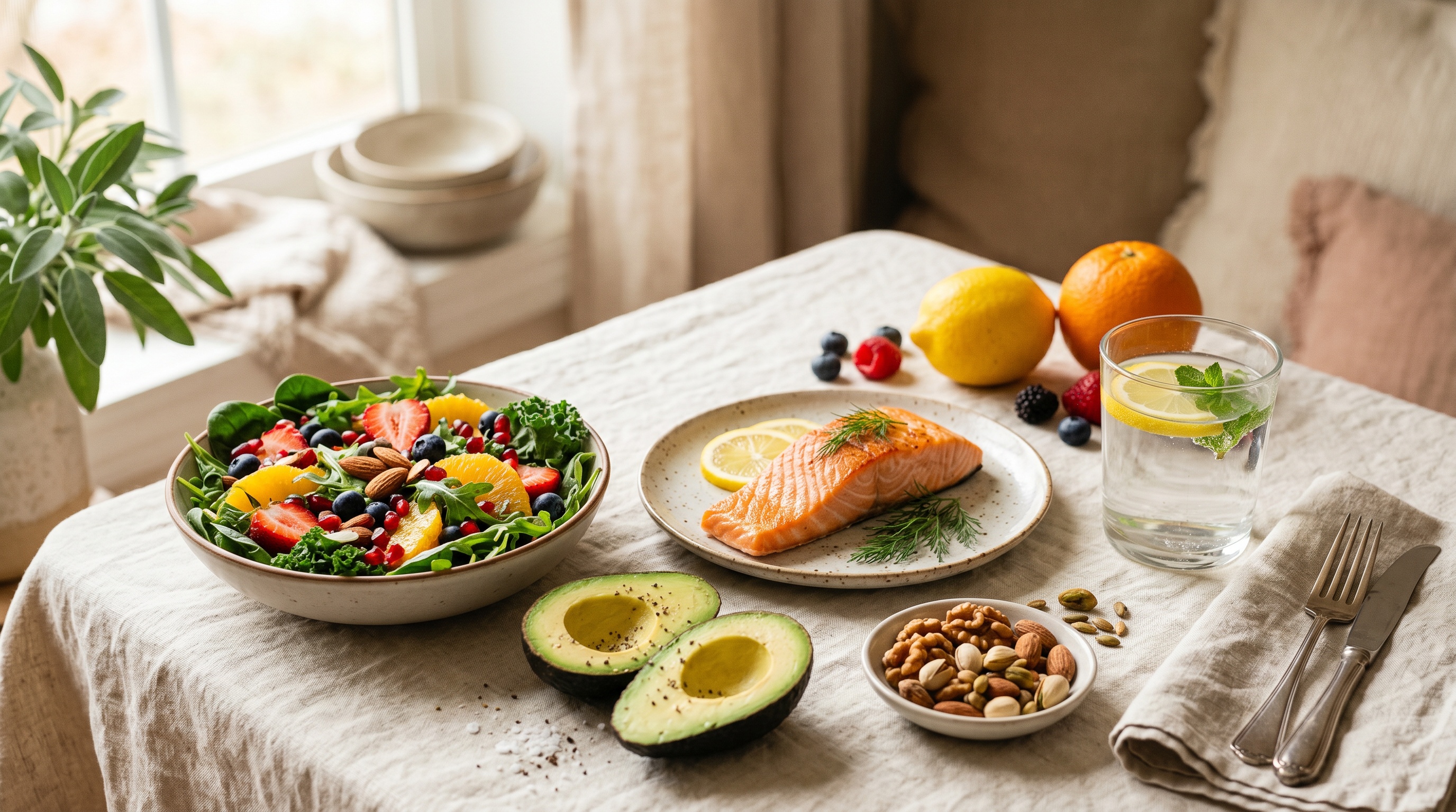 A radiant glow-up diet spread on cream linen