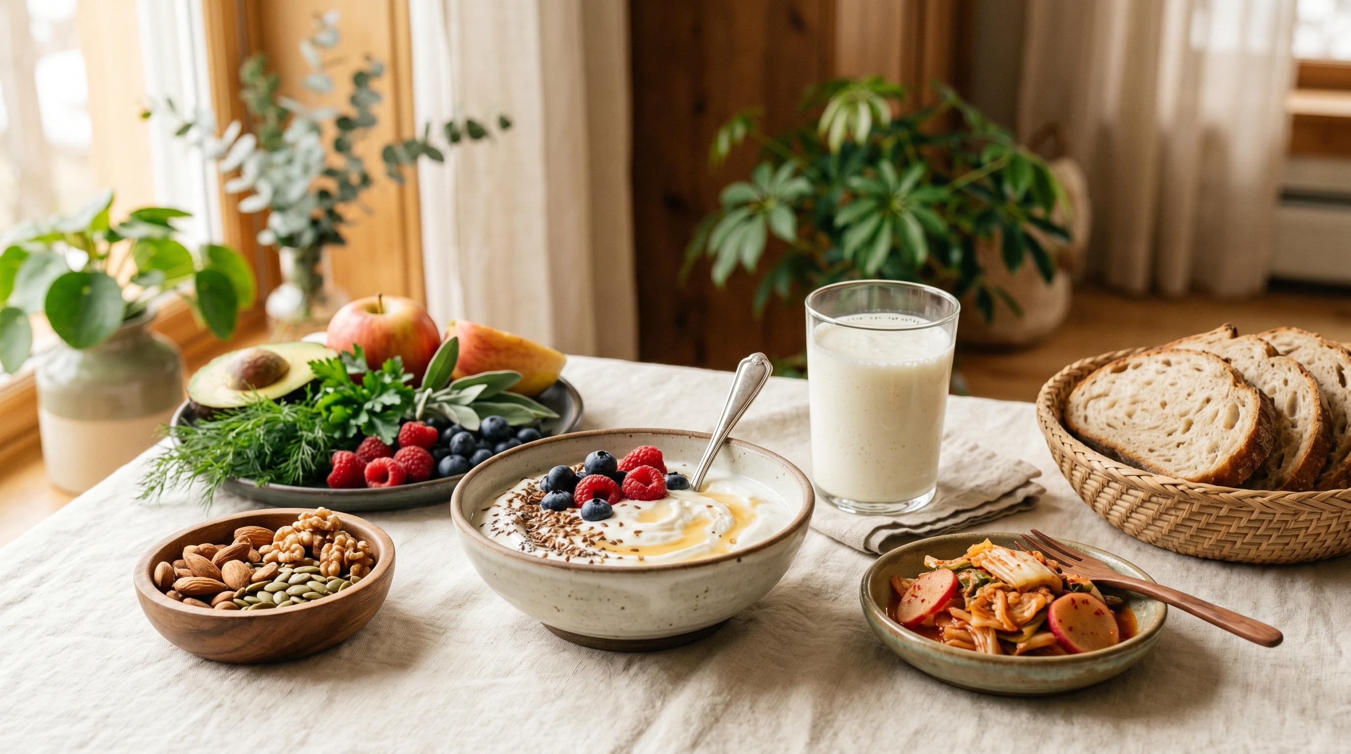 Gut-health foods on cream linen