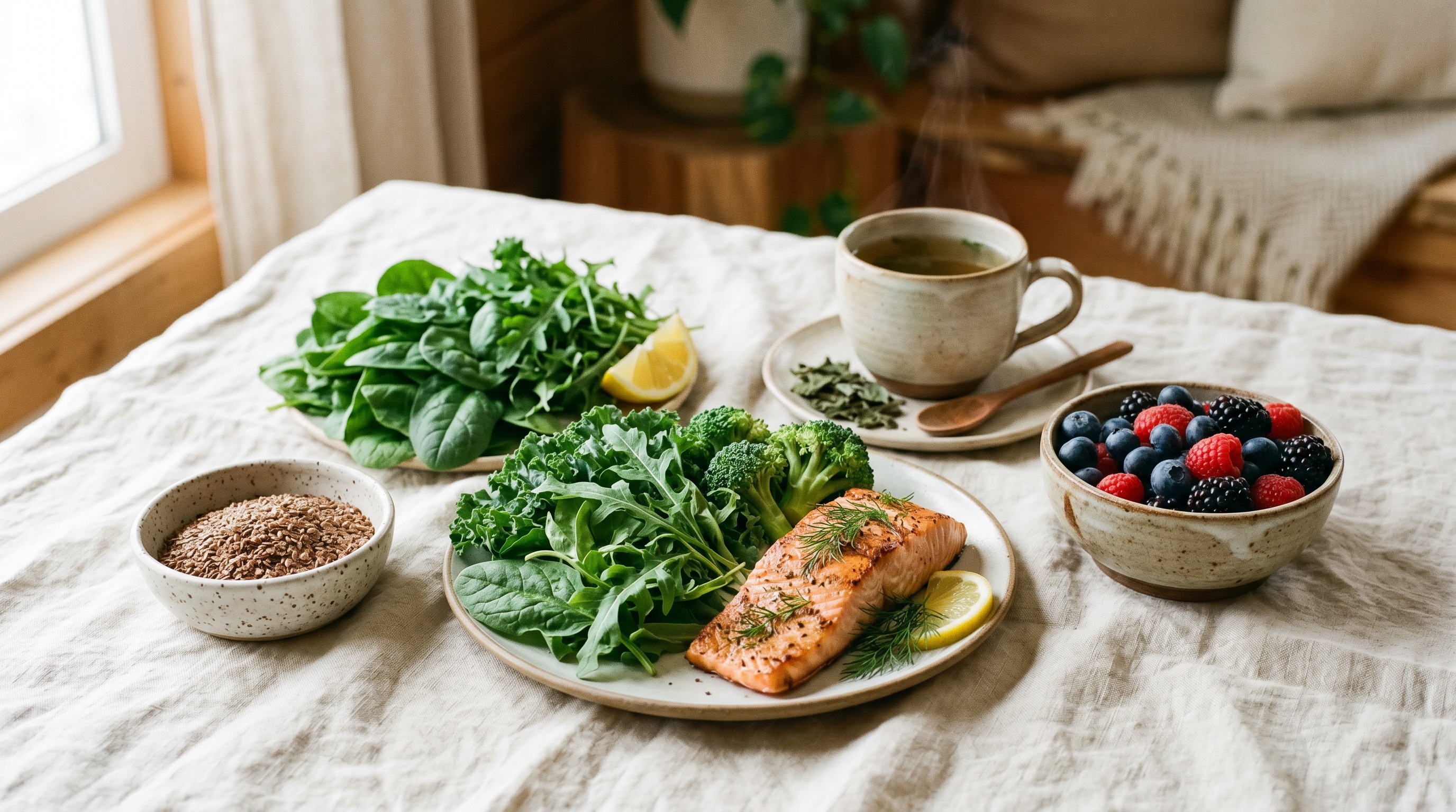 Hormone-balancing foods on cream linen
