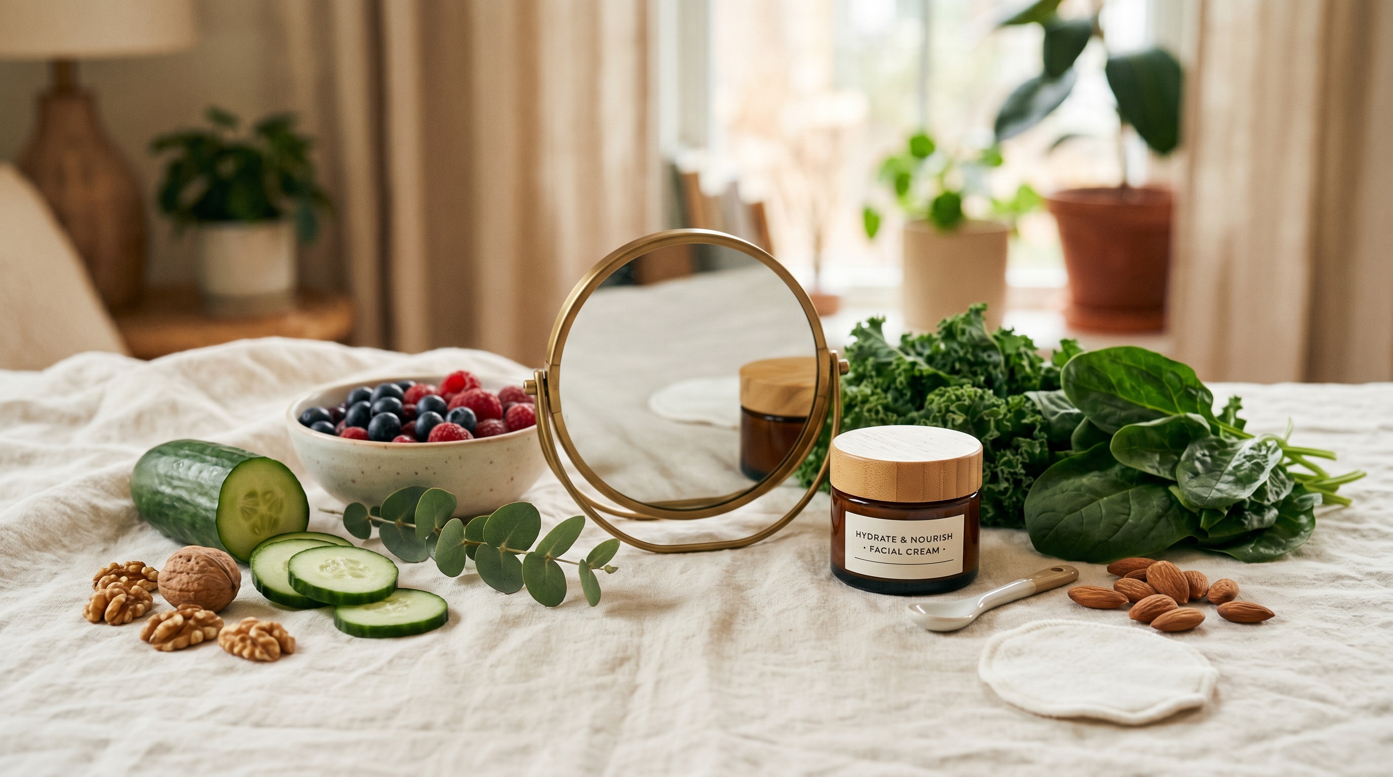 A skin-type and nutrition flat lay on cream linen