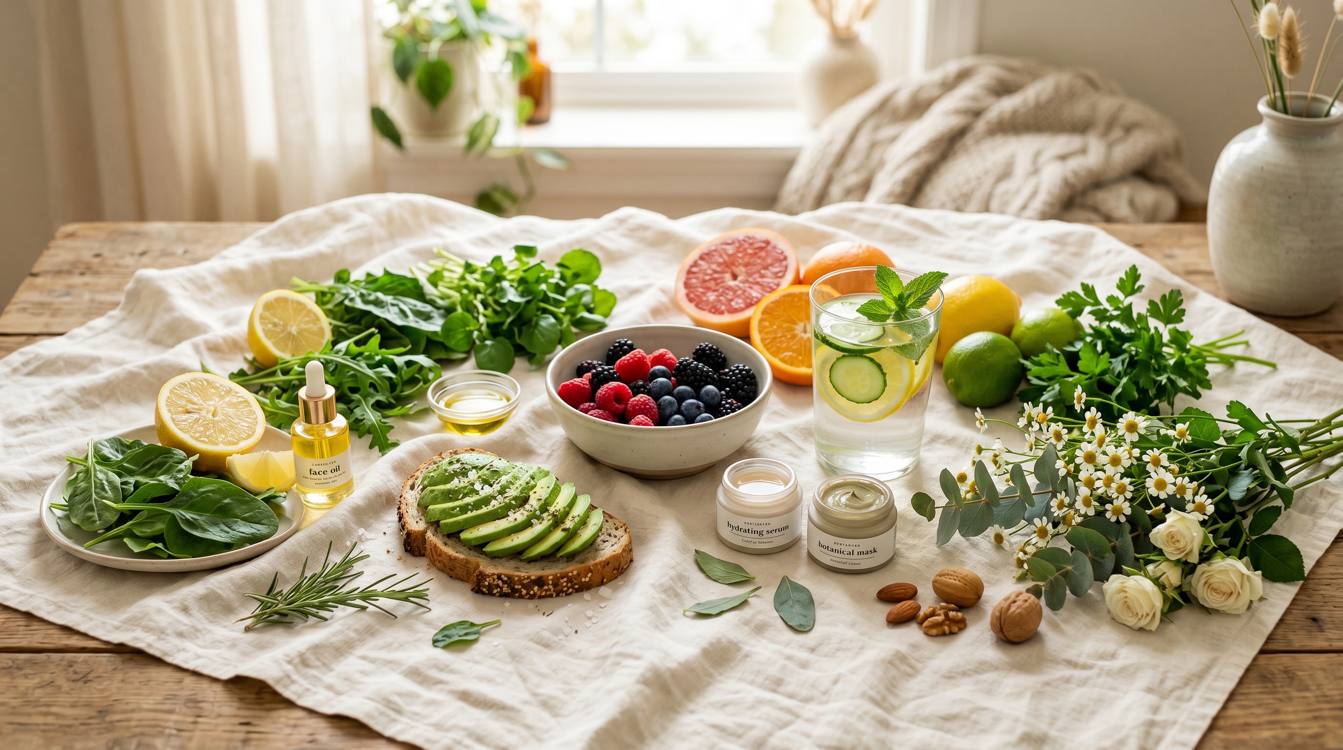 A vibrant glow-up spread on cream linen