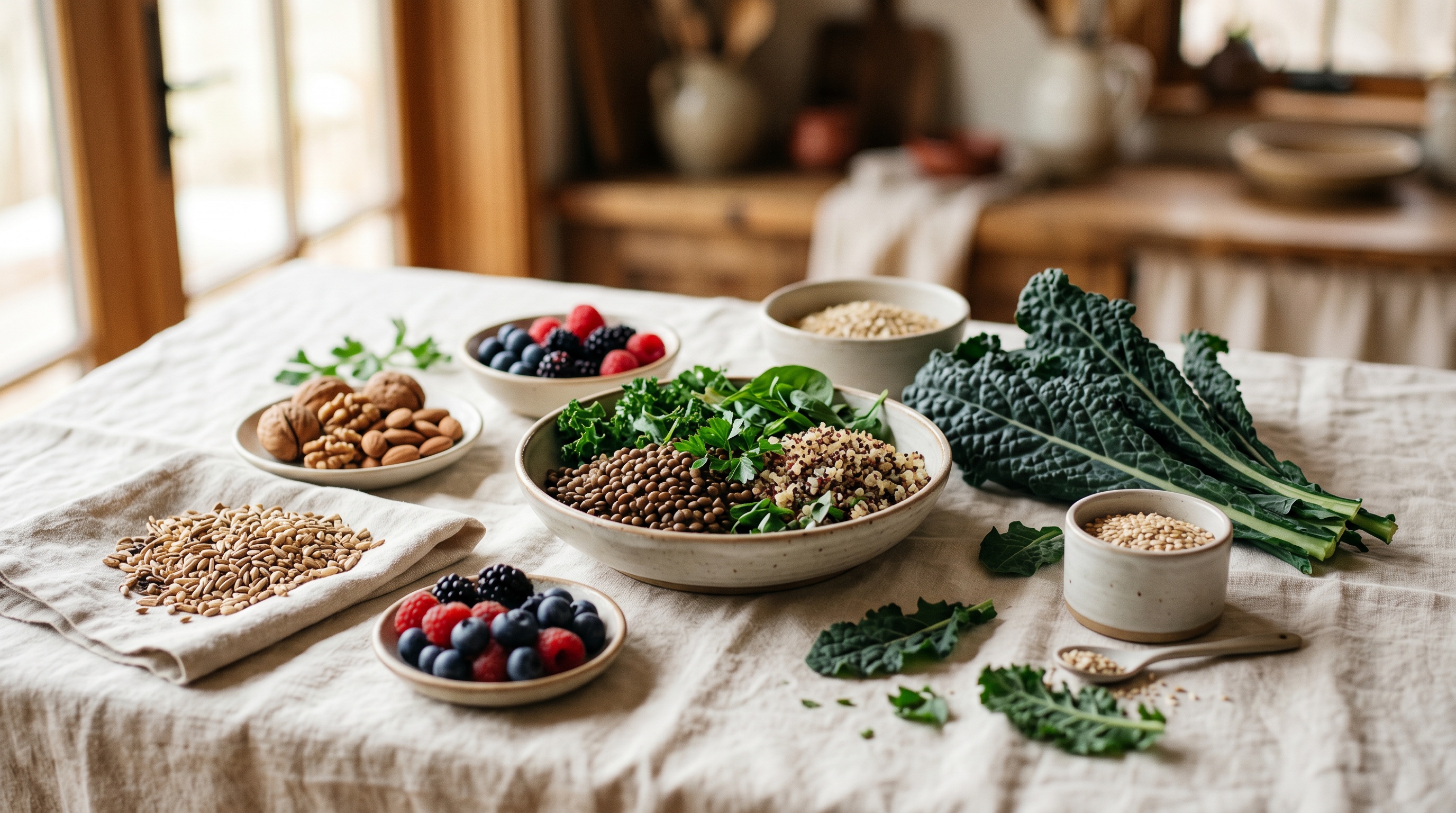 Low-glycemic whole foods on cream linen