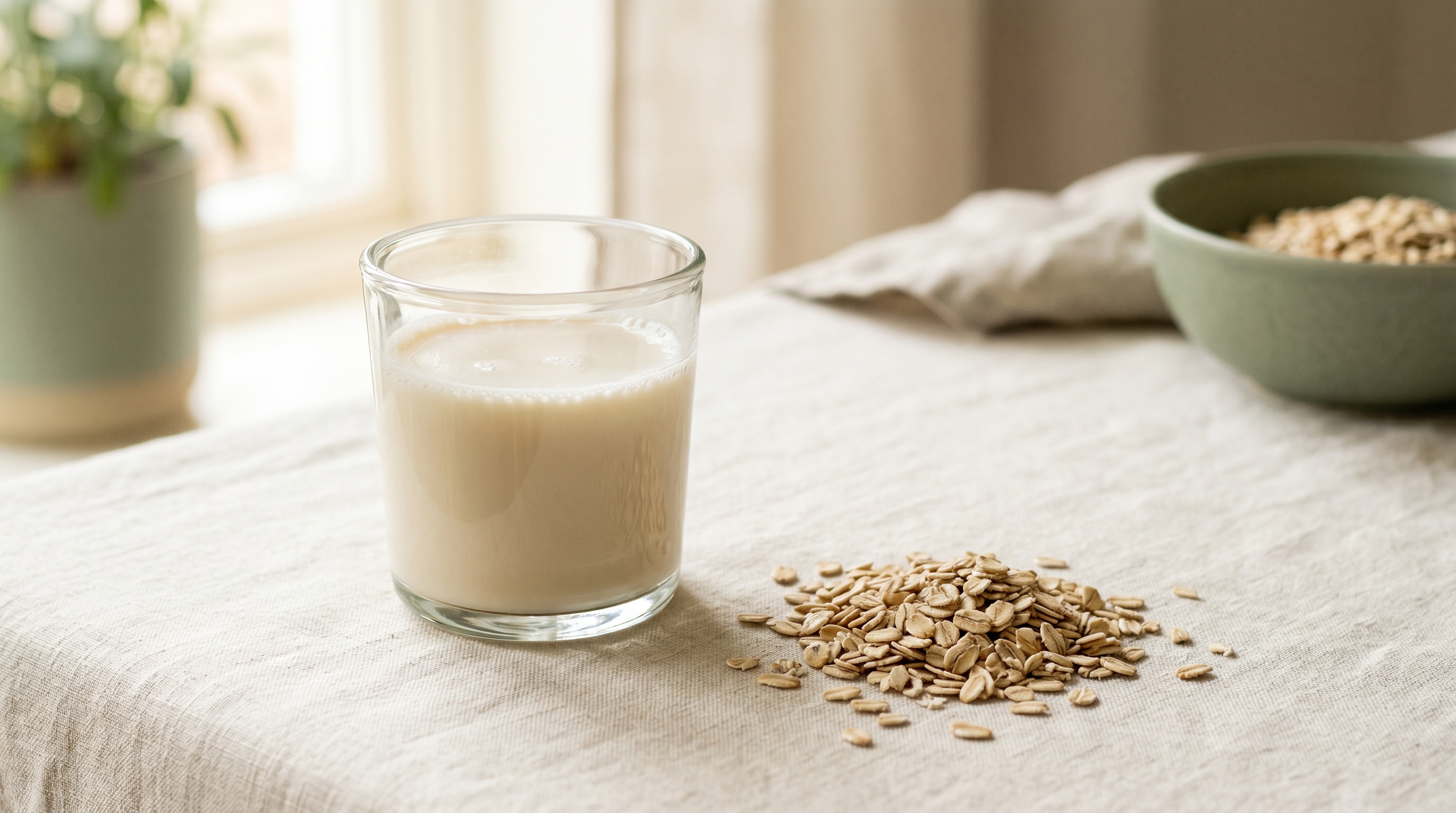 A glass of oat milk beside raw oats on cream linen