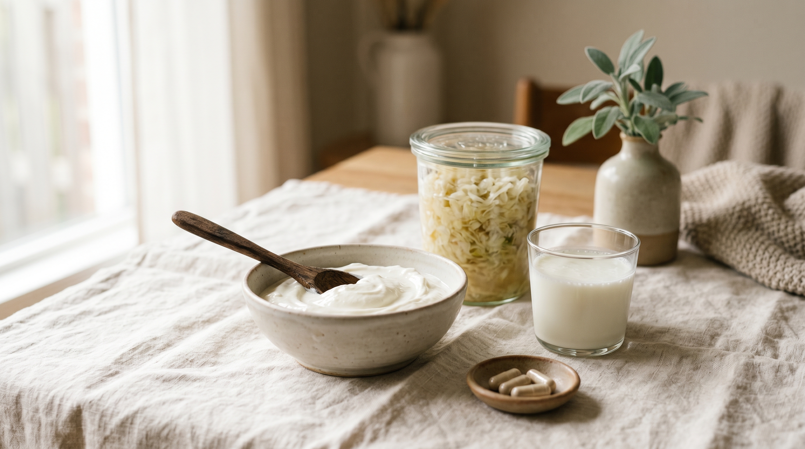 Probiotic foods on cream linen