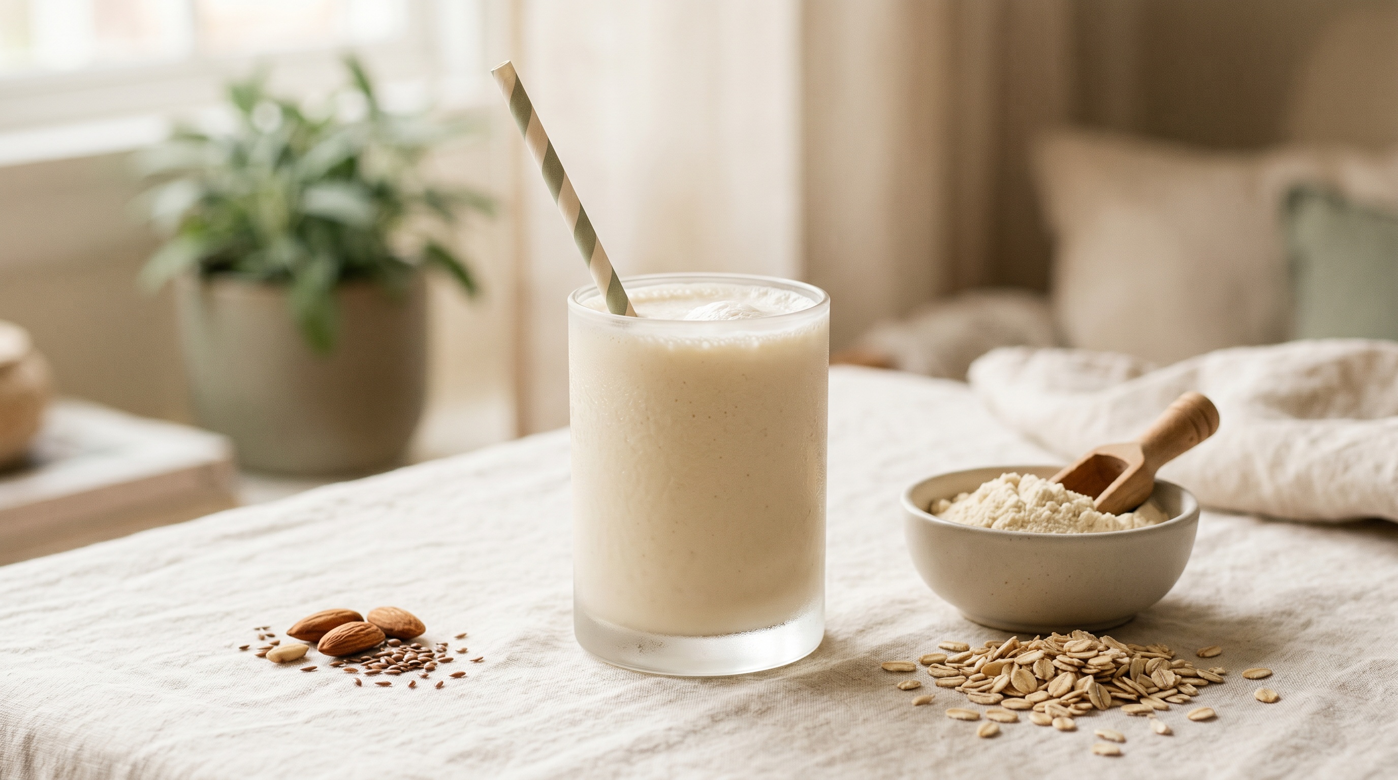 A protein shake and scoop of whey on cream linen