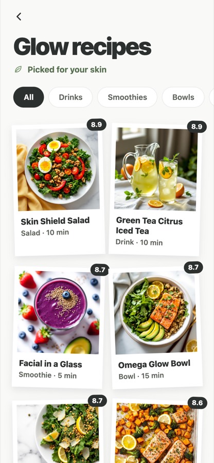 The Glow Recipes screen in the app