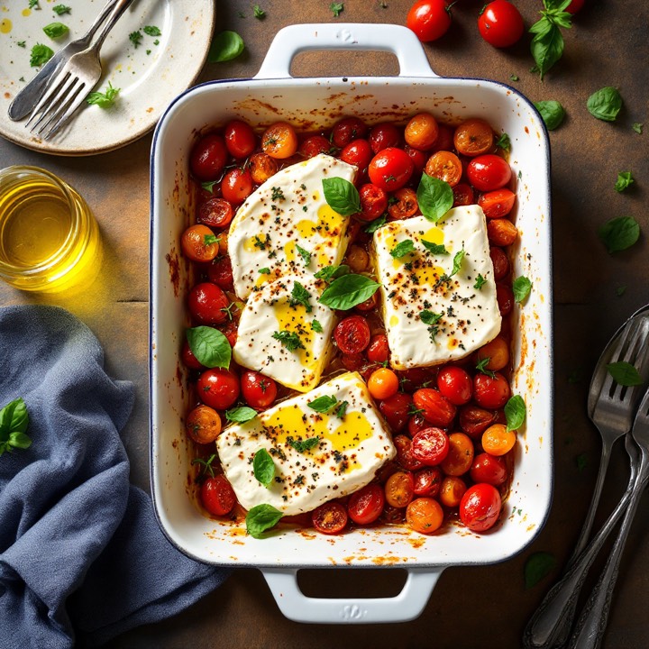 Baked feta with tomatoes in a dish