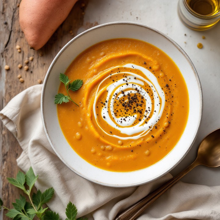 A bowl of golden soup with carrots